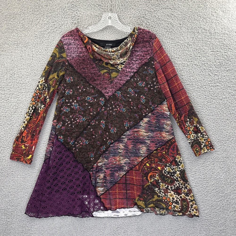 Ali Miles Tunic Top Patchwork Mixed Media Boho Artsy Paisley Floral Women Medium